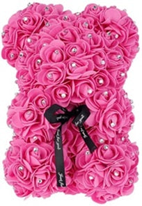 The Rose Bear Studio Gift Wrapped Rose Flower Diamond Bear in Pink - Standard Sized