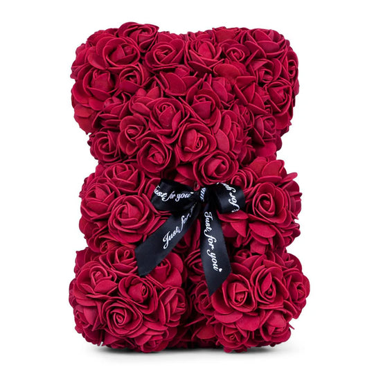 The Rose Bear Studio Gift Wrapped Rose Flower Bear in Burgundy Wine Red - Standard Sized