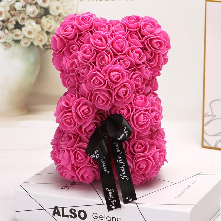 The Rose Bear Studio Gift Wrapped Rose Flower Bear in Fuschia Pink - Standard Sized