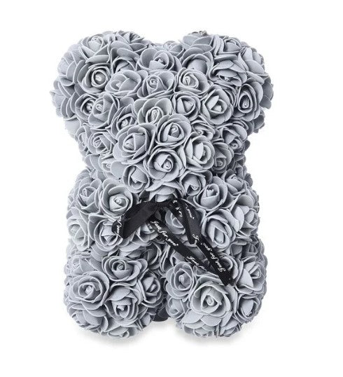 The Rose Bear Studio Gift Wrapped Rose Flower Bear in Pastel Grey - Standard Sized