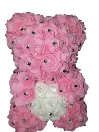 The Rose Bear Studio Gift Wrapped Rose Flower Diamond Bear in Pink with White Heart - Standard Sized (Copy)