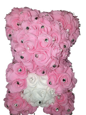 The Rose Bear Studio Gift Wrapped Rose Flower Diamond Bear in Pink with White Heart - Standard Sized (Copy)