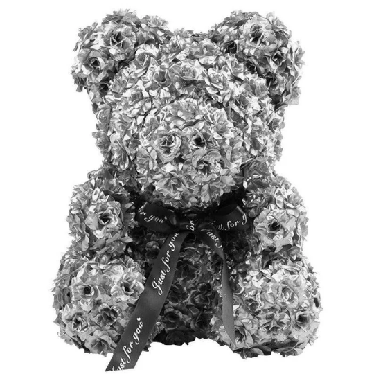 The Rose Bear Studio Gift Wrapped Rose Flower Bear in Silver - Luxury Sized 40cm